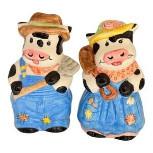 Vintage Anthropomorphic Blue Jean Garden Farm Cow Salt & Pepper Shaker Set MIB